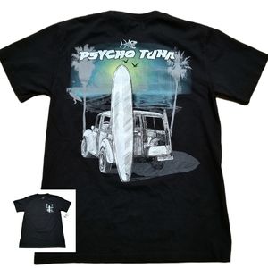 Psycho Tuna Surfboard Surfing Black T-Shirt Small 2-sided Graphics Woodie Wagon